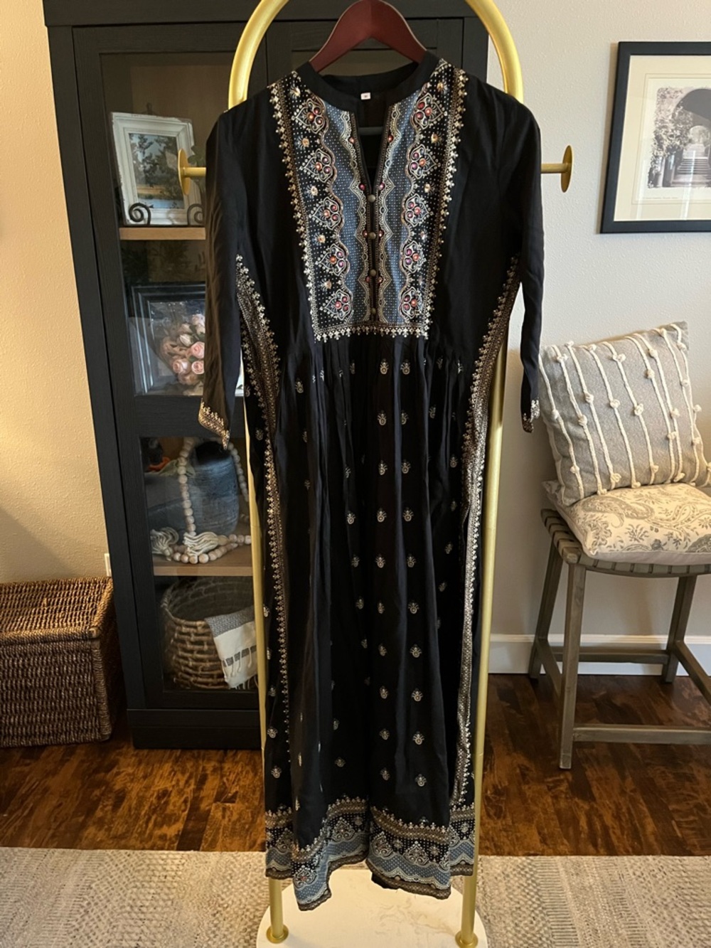 Black Long-Sleeve Embroidered Maxi Dress
